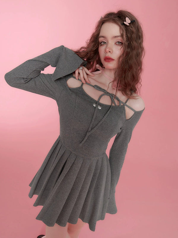 オフショルダーサスペンダーニットドレス