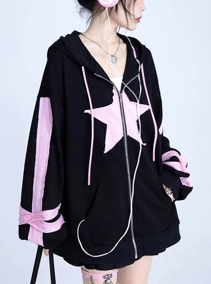 Pink Black Oversized Cardigan Hoodie Jacket