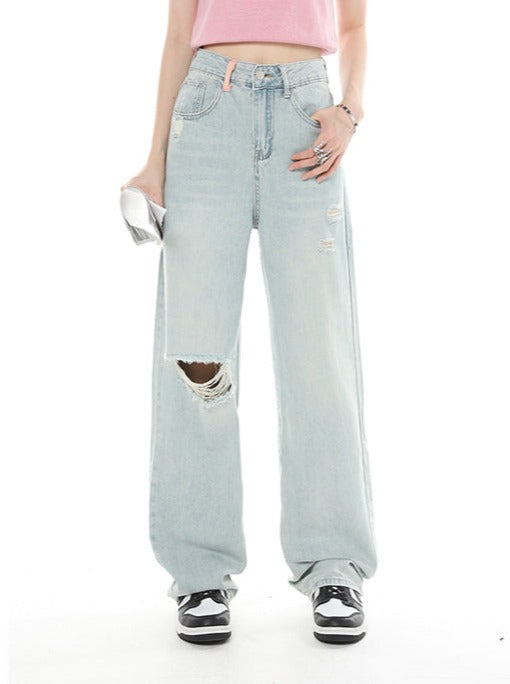 Light collar damage high waist straight pants