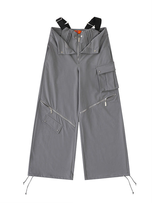 Gray Retro Zipper Pocket Two Wear Design Drawstring Pants