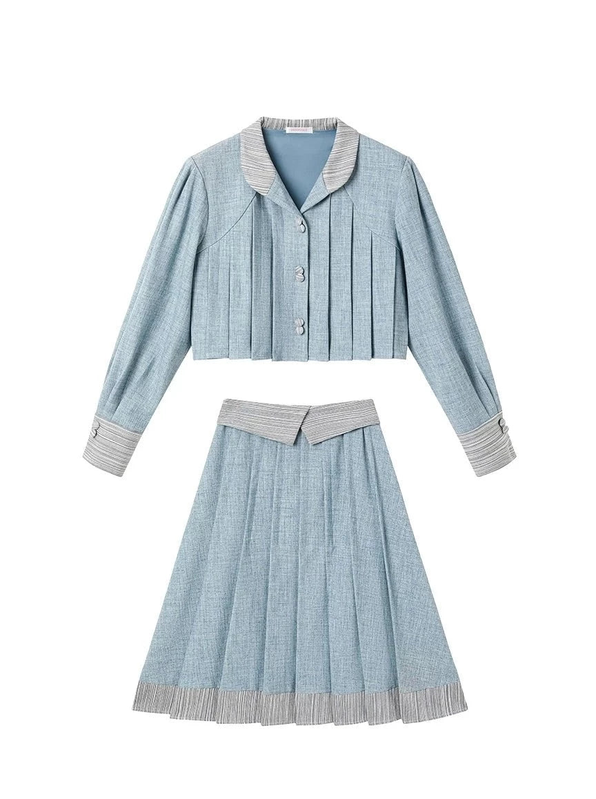 Retro Blue Imitation Splice Short Jacket + Art College A-Line Skirt