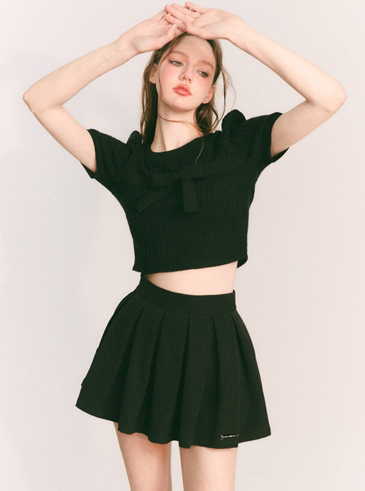 Soft ribbon lib knit cropped tops