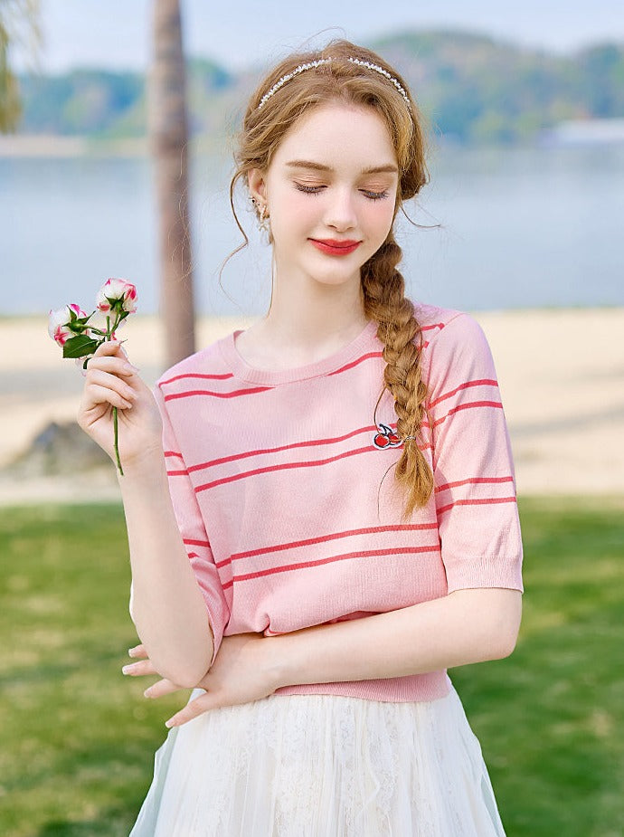 Cherry Border Knit Top