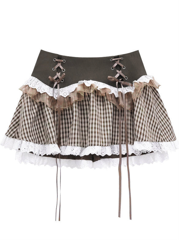 Brown Grid Culottes Cake Skirt