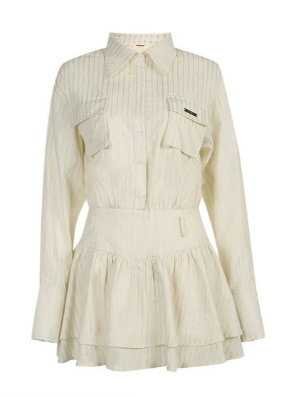 Romantic White Waist Slim Striped Shirt Dress