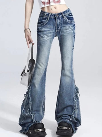 Retro-washed raw-edge mop long jeans