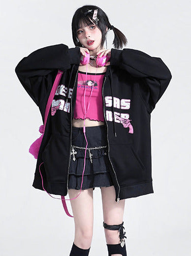 Black Letter Print Oversized Hoodie Jacket