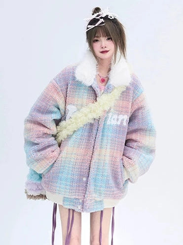 Niche Design Colorful Splicing Loose Lamb Wool Cotton Coat