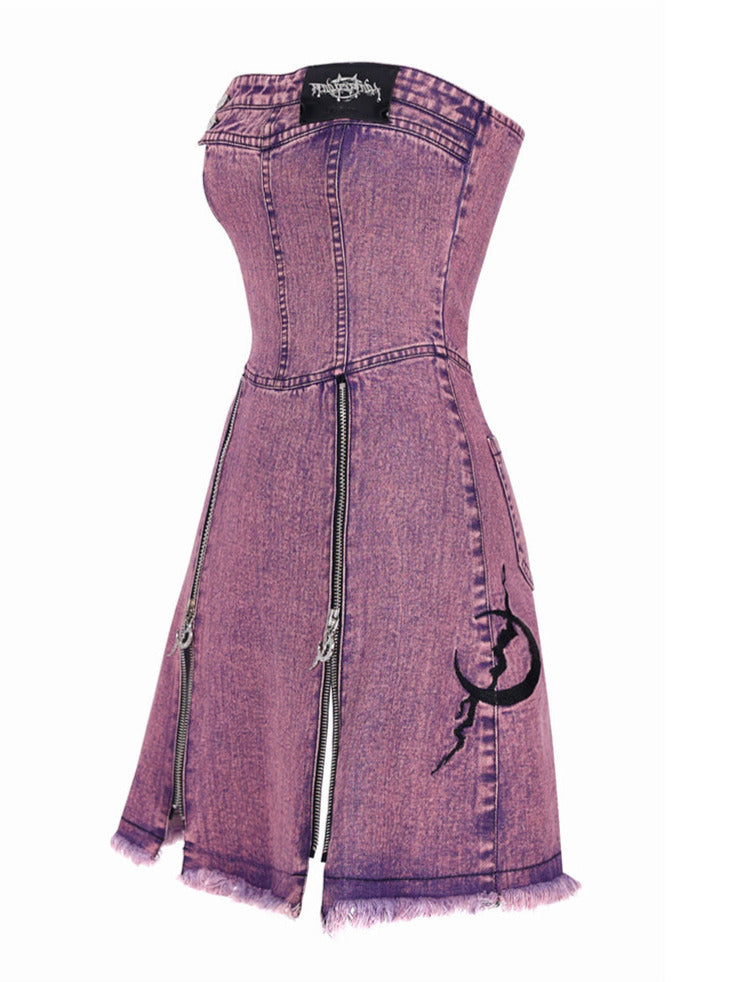 Pink Denim Zip Design Tube Top Dress