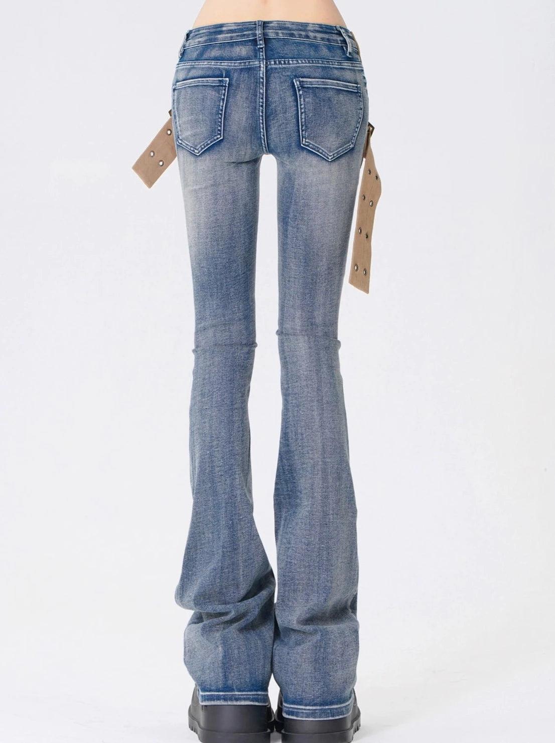 Cross Belt Blue Flared Jeans Pants