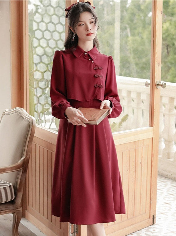 China taste volume sleeve back ribbon layered dress