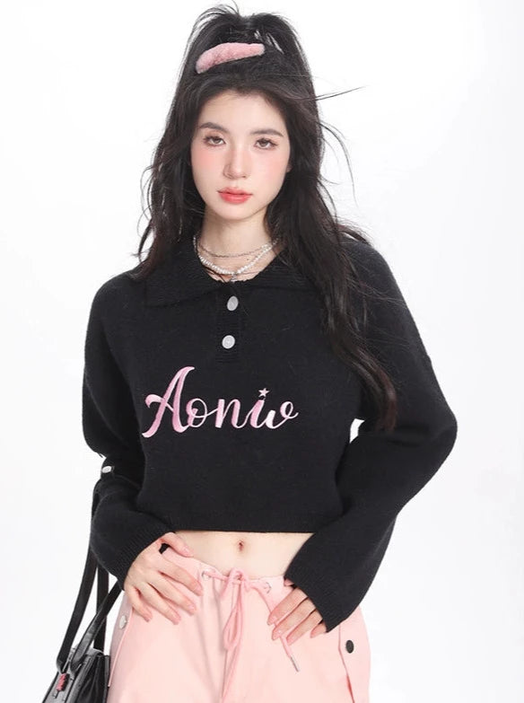 Polo collar letter embroidery short knit