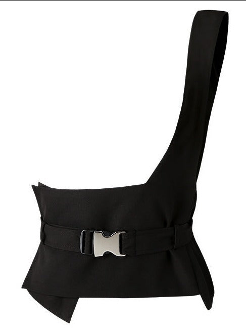 Irregular cut belt one shoulder vest