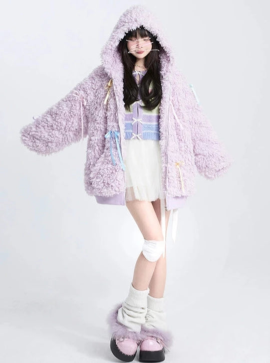 Light purple loose hooded zipped lambswool coat