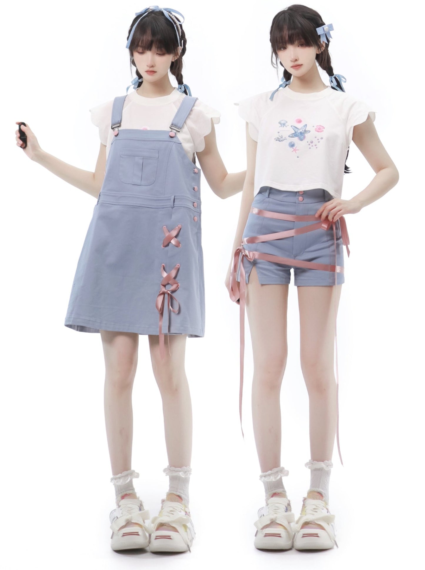 Shell sleeve top + lace-up overalls + ribbon pants