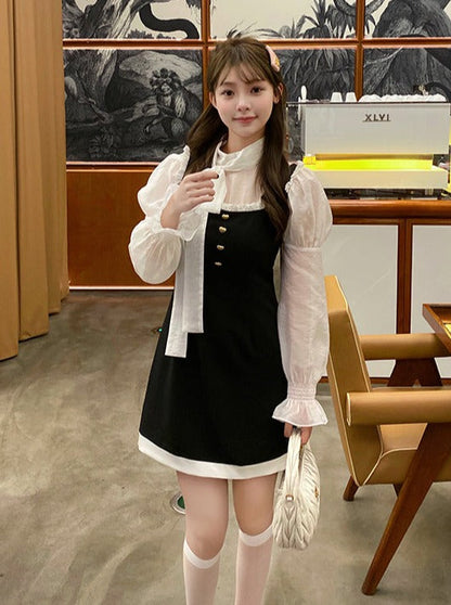 Ribbon blouse + French suspension skirt