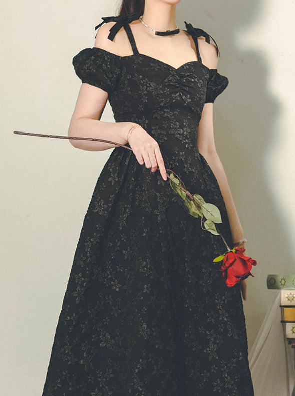 French Style Off Shoulder Ribbon Flower Embossed Black Dress