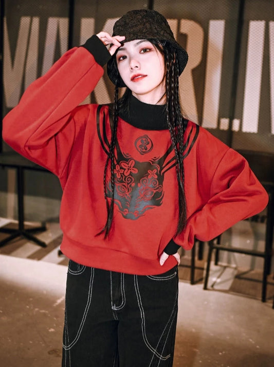 China Print Design Niche Contrast Collar Short Sweatshirt