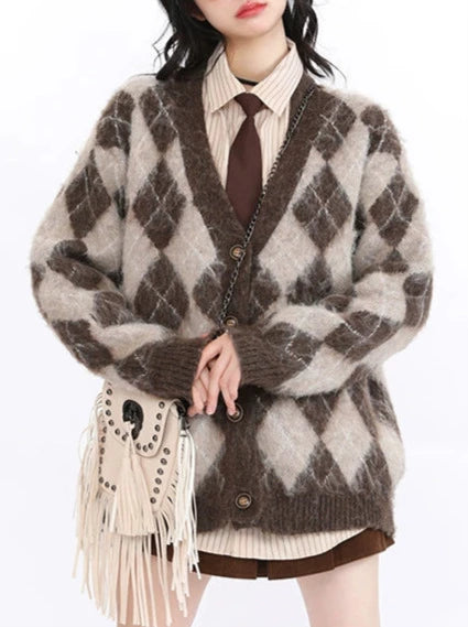 Retro Brown Diamond Druzy Cardigan Knit