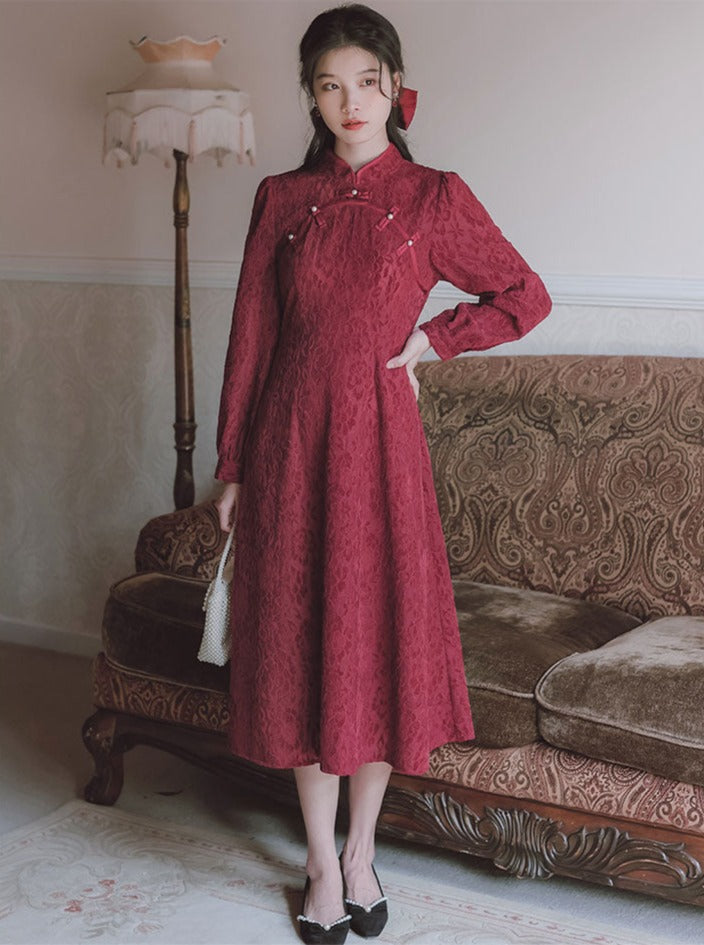 wine red cheongsam dress