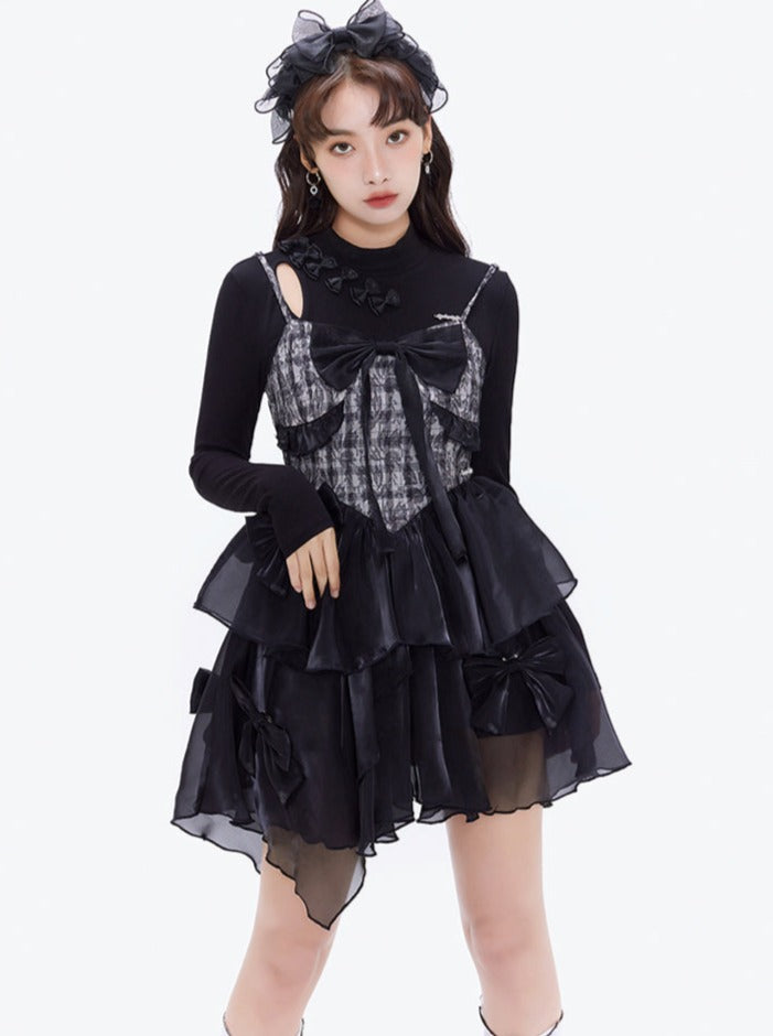 Romantic check suspender dress + ribbon tops