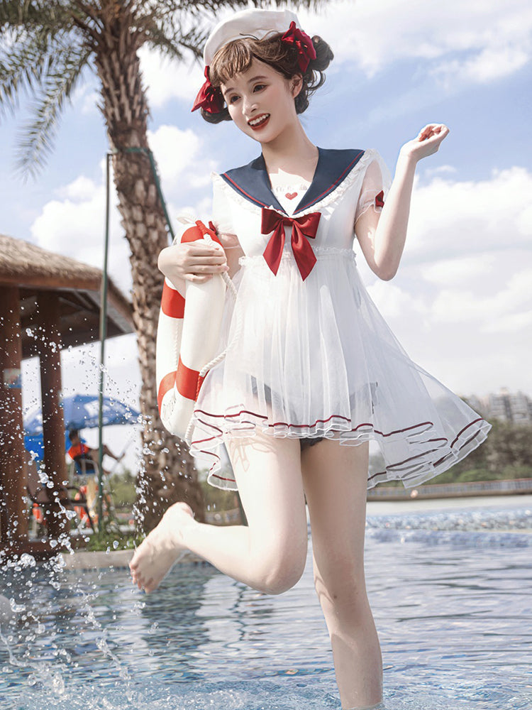 Sailor Sailor 兔耳朵透明袖裙连体泳衣