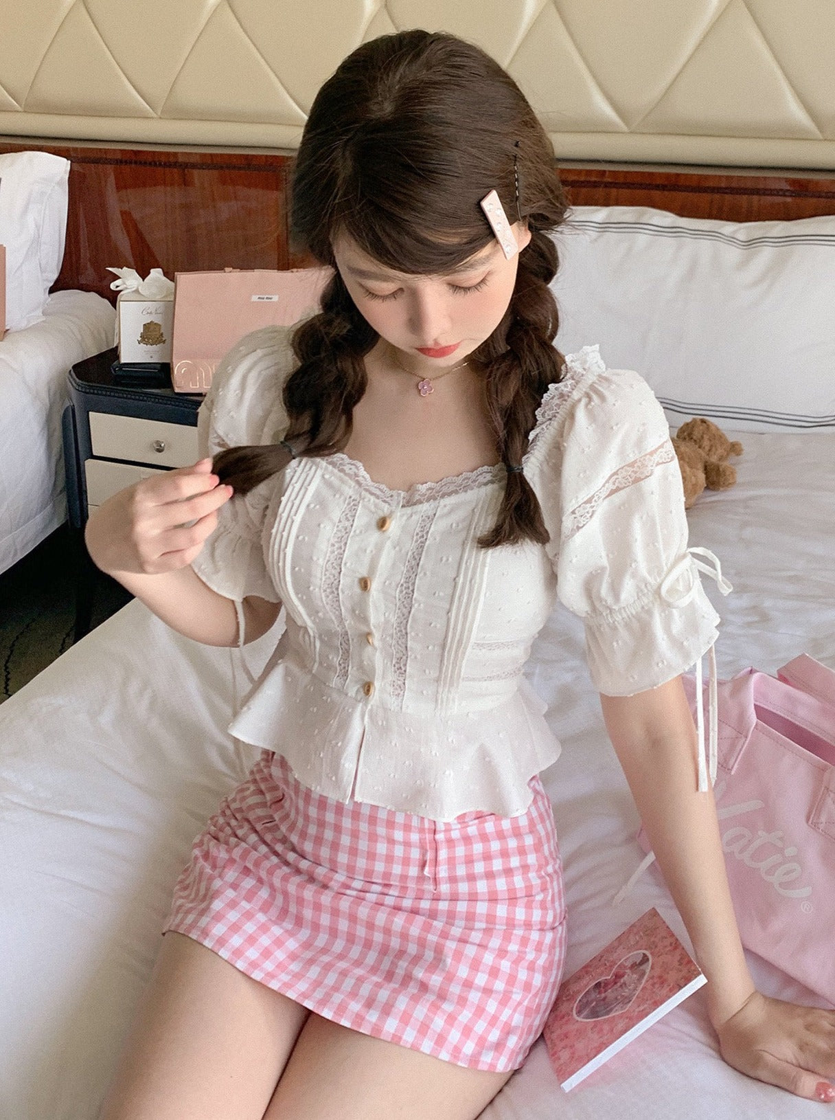 White lace shirt tops + pink check culottes