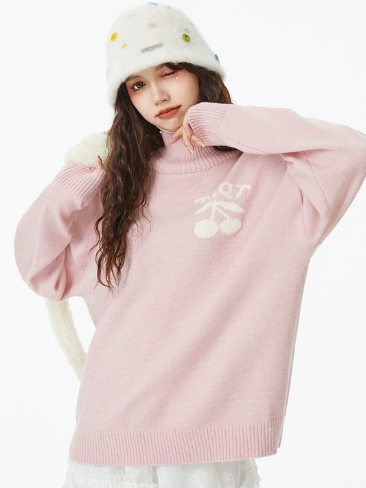 One-pointed cherry design high neck knit