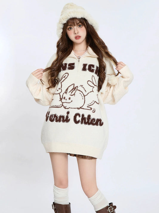 ENJOG American vintage bunny jacquard lapel sweater women's fall/winter design is lazy soft sticky knit top
