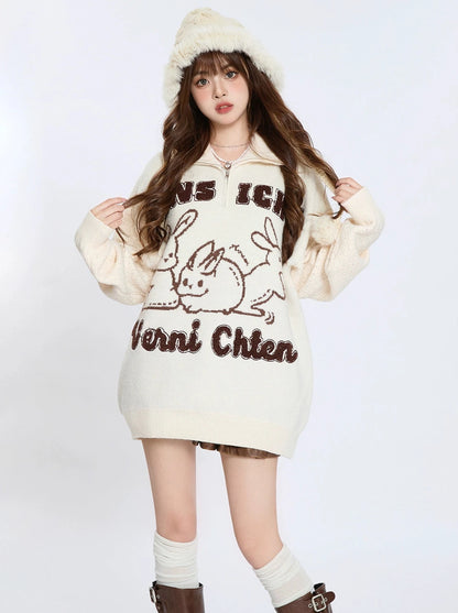 American Retro Rabbit Jacquard Lapel Sweater Knit