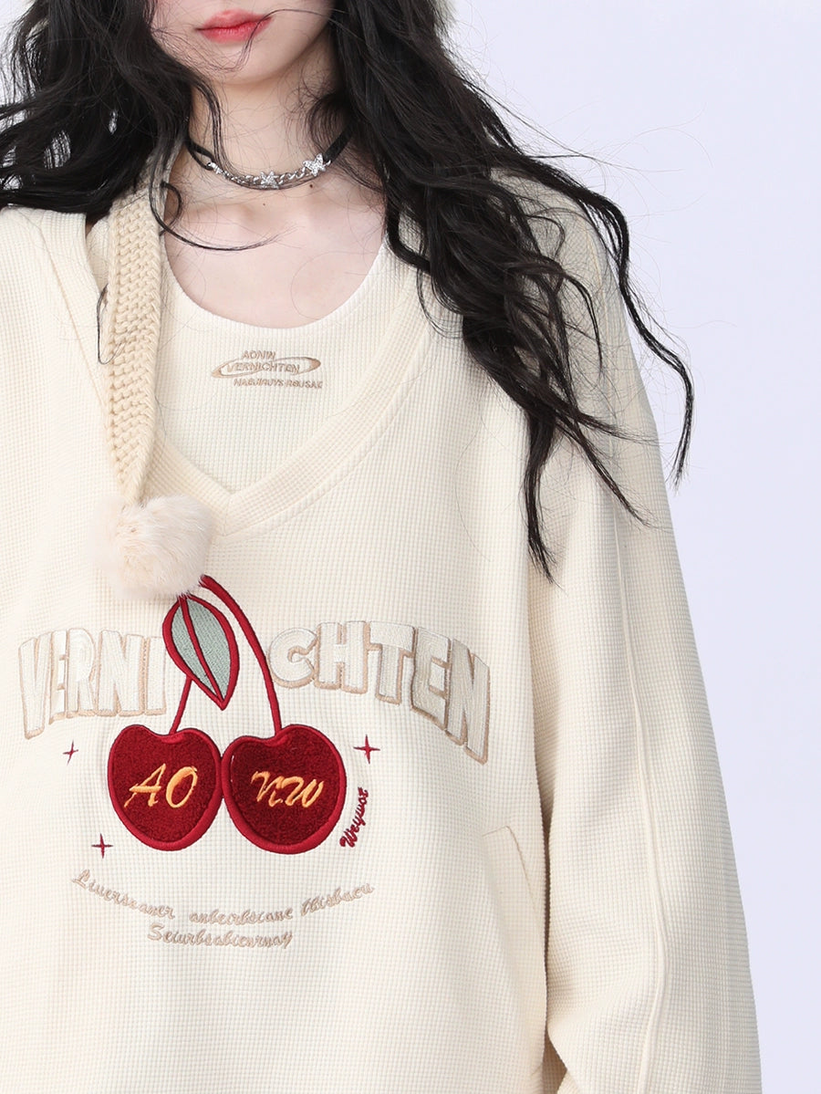 American Retro Cherry Embroidered Hooded Sweatshirt Loose Waffle Two Piece Set