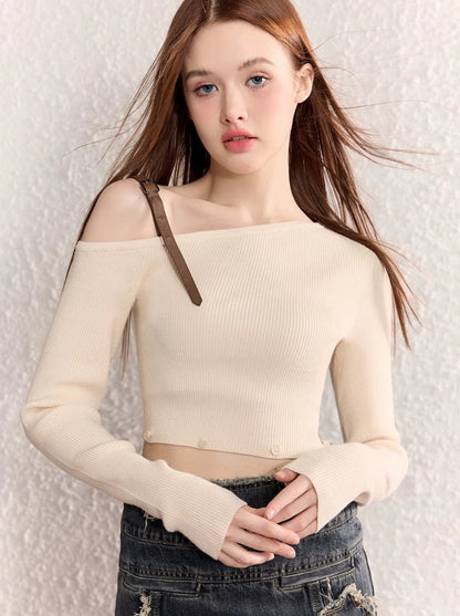 Off-the-shoulder belt design slim sweater