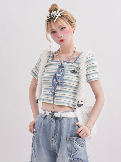 Korean Style Striped Stitch Strap T-Shirt