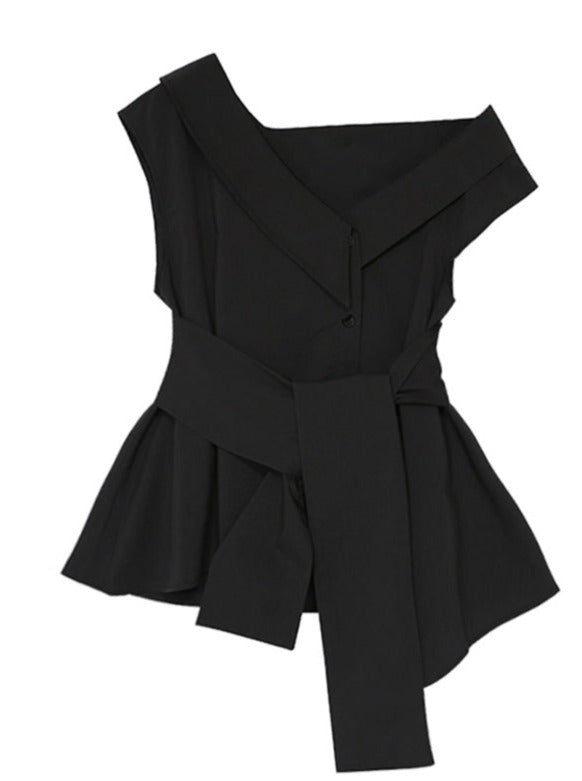 Mode Waist Ribbon Asymmetric Tops