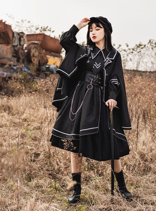 [Military uniform] military layered dress with tie + cape coat