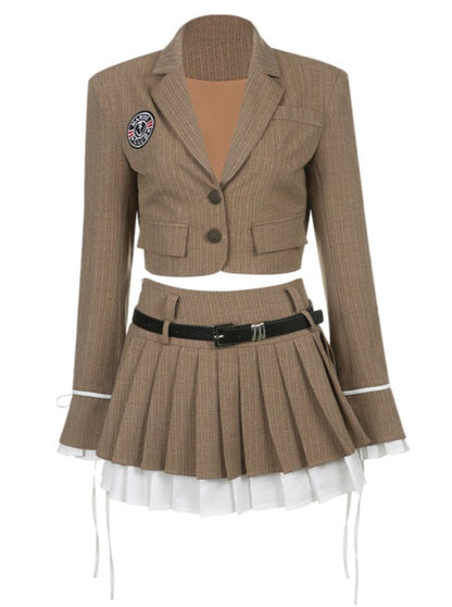 One Point Badge College Jacket + Layered Pleated Skirt