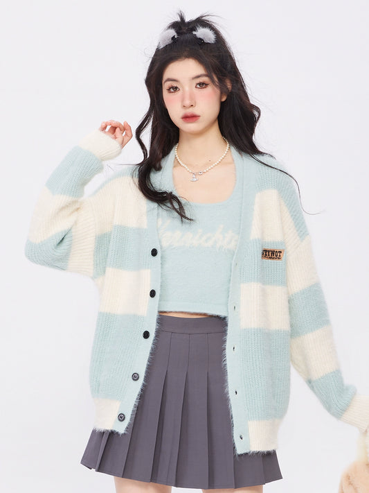 AONW trendy striped mint green sweater jacket cardigan sweater women's loose and languid style 2023 spring new style