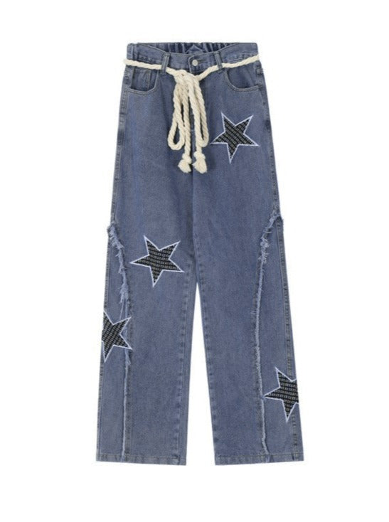 Star Design Wide Leg Straight Denim Pants