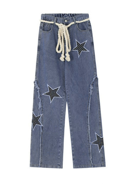 Retro Star Design Wide Leg Straight Denim