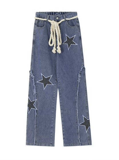 Star design loose pink denim pants – Belchic