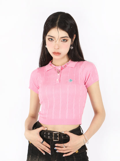 American retro short polo color knit T -shirt