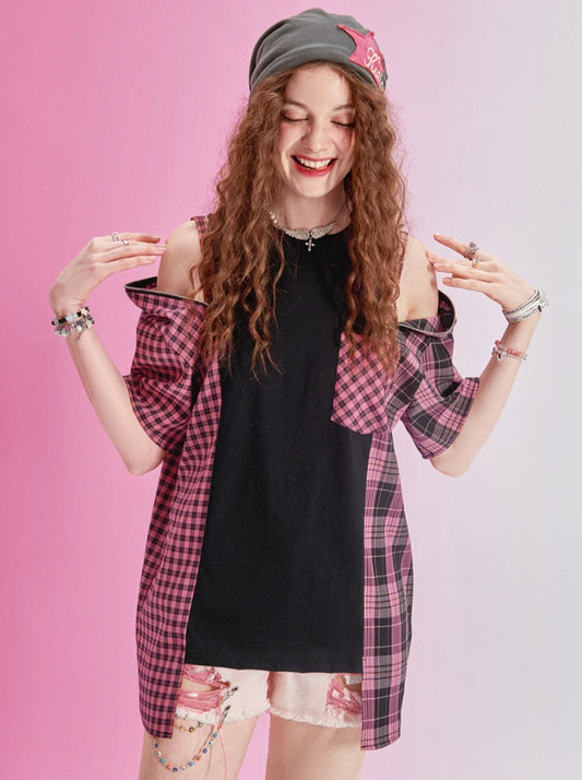 Open Shoulder Asymmetrical Check T-Shirt