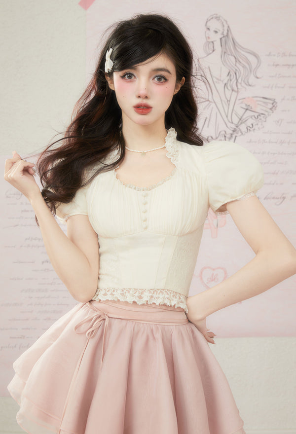 Race Chiffon Puff Sleve Square Neck Tops