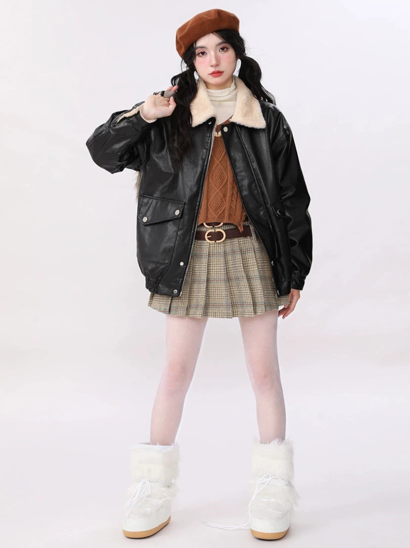 New Retro Loose Fleece Faux Leather Lamb Wool Jacket