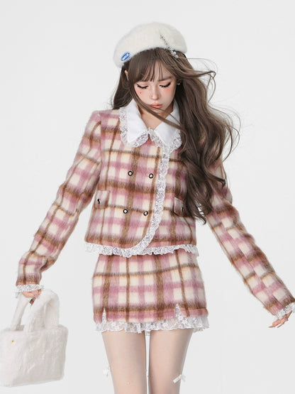 Pink Check Lace Fragrance Style Winter Suit