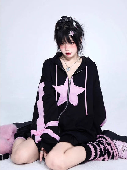 Pink Black Oversized Cardigan Hoodie Jacket