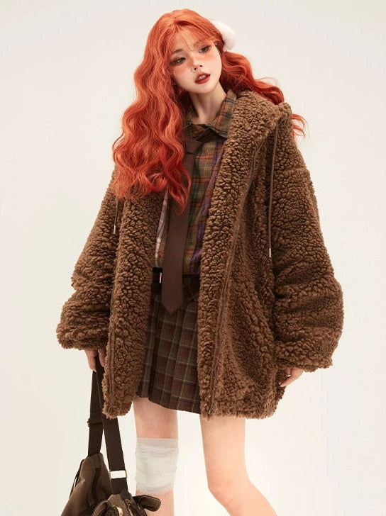 Bear Ears Hooded Lamb Wool Zipper Fur Coat