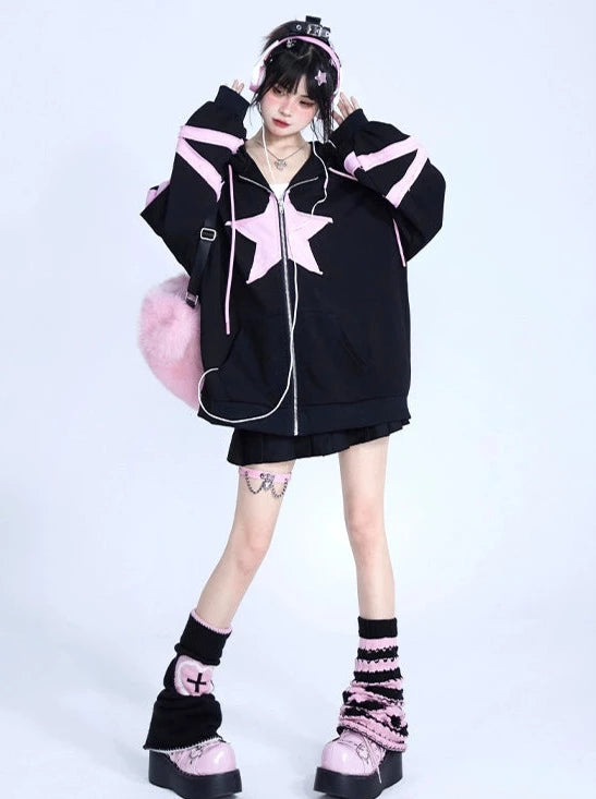 Pink Black Oversized Cardigan Hoodie Jacket