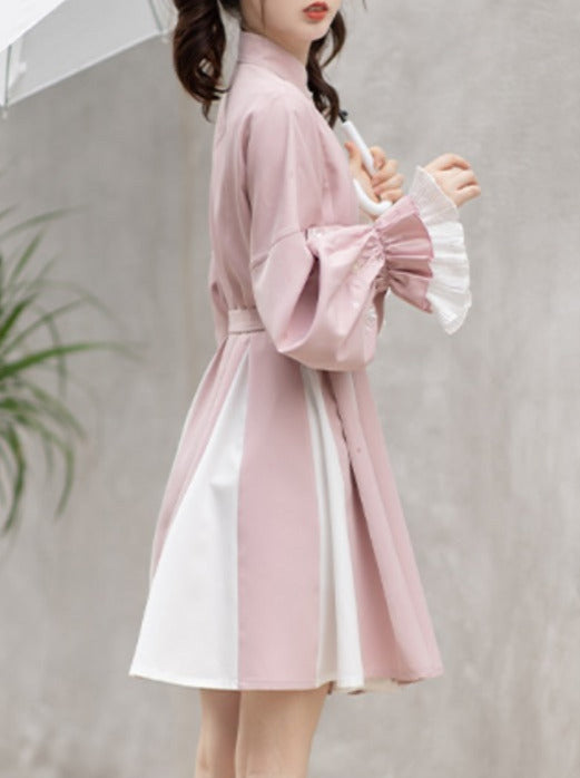 中式卷袖花朵刺绣甜美连衣裙