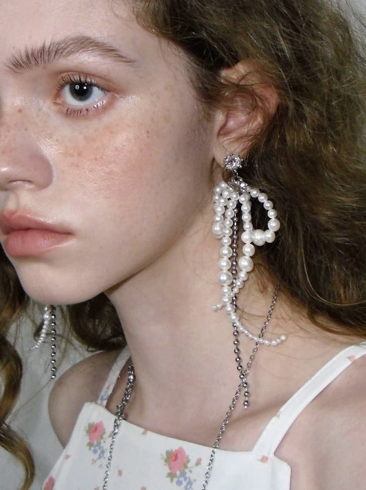 Zircon Pearl Beaded Bow Chain Earrings